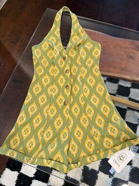 Cider Retro Halter Button Up Romper Lime Green and Mustard 70s Print
